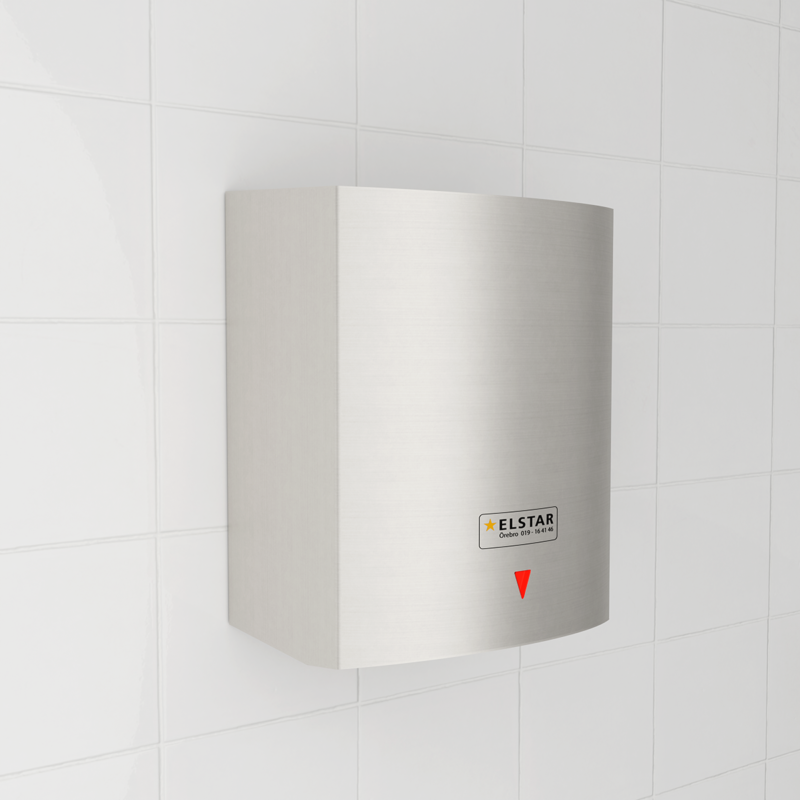 Vandalsäker IK-11+ klassad handtork, Snabb torktid 10 - 12 sekunder, tillval HEPA filter, Effekten kan justeras mellan 1340 och 1600 Watt, En annan finess är den blå lysdioden, som ger en synlig indikation på var man skall hålla händerna för att de alltid skall vara i varmluftsströmmen.