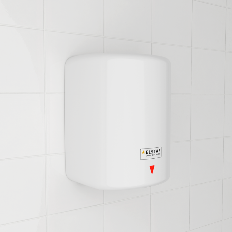 Vandalsäker IK-11+ klassad handtork, Snabb torktid 10 - 12 sekunder, tillval HEPA filter, Effekten kan justeras mellan 1340 och 1600 Watt, En annan finess är den blå lysdioden, som ger en synlig indikation på var man skall hålla händerna för att de alltid skall vara i varmluftsströmmen.